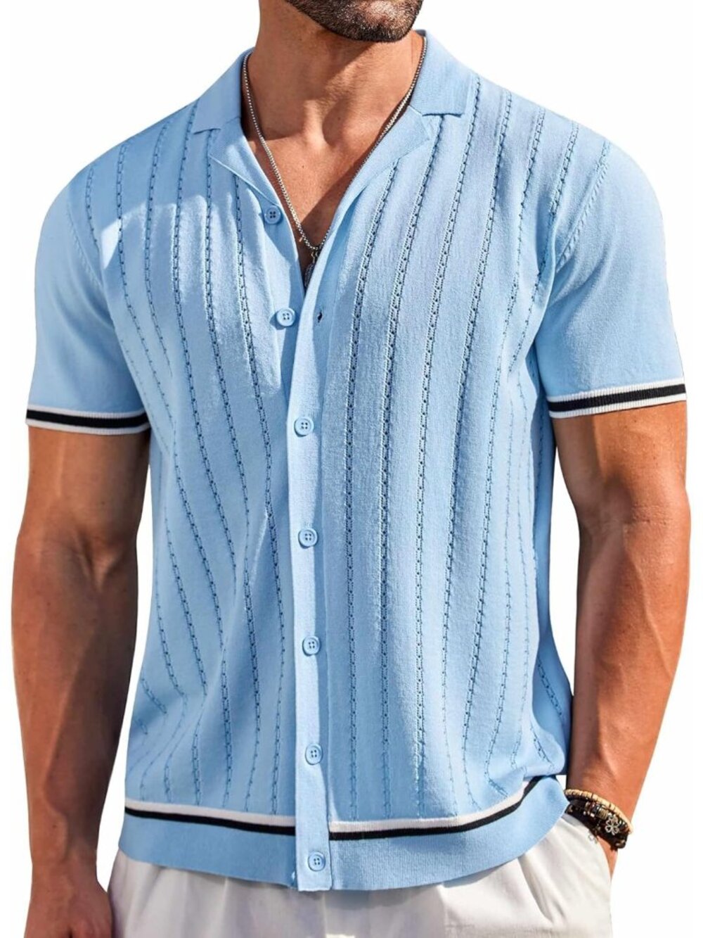 Men’s Clear Blue Short Sleeve Knit Button Down Vintage Striped Beach Shirt